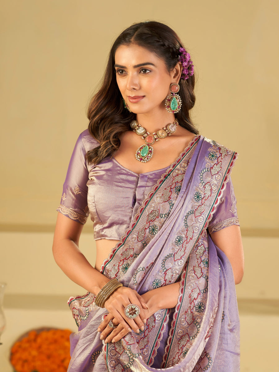 Lavender Premium Fendy Satin Saree with Floral Embroidered Border & Designer Thread Work | Festive Party Wear Saree