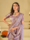 Lavender Premium Fendy Satin Saree with Floral Embroidered Border & Designer Thread Work | Festive Party Wear Saree