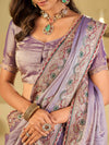 Lavender Premium Fendy Satin Saree with Floral Embroidered Border & Designer Thread Work | Festive Party Wear Saree