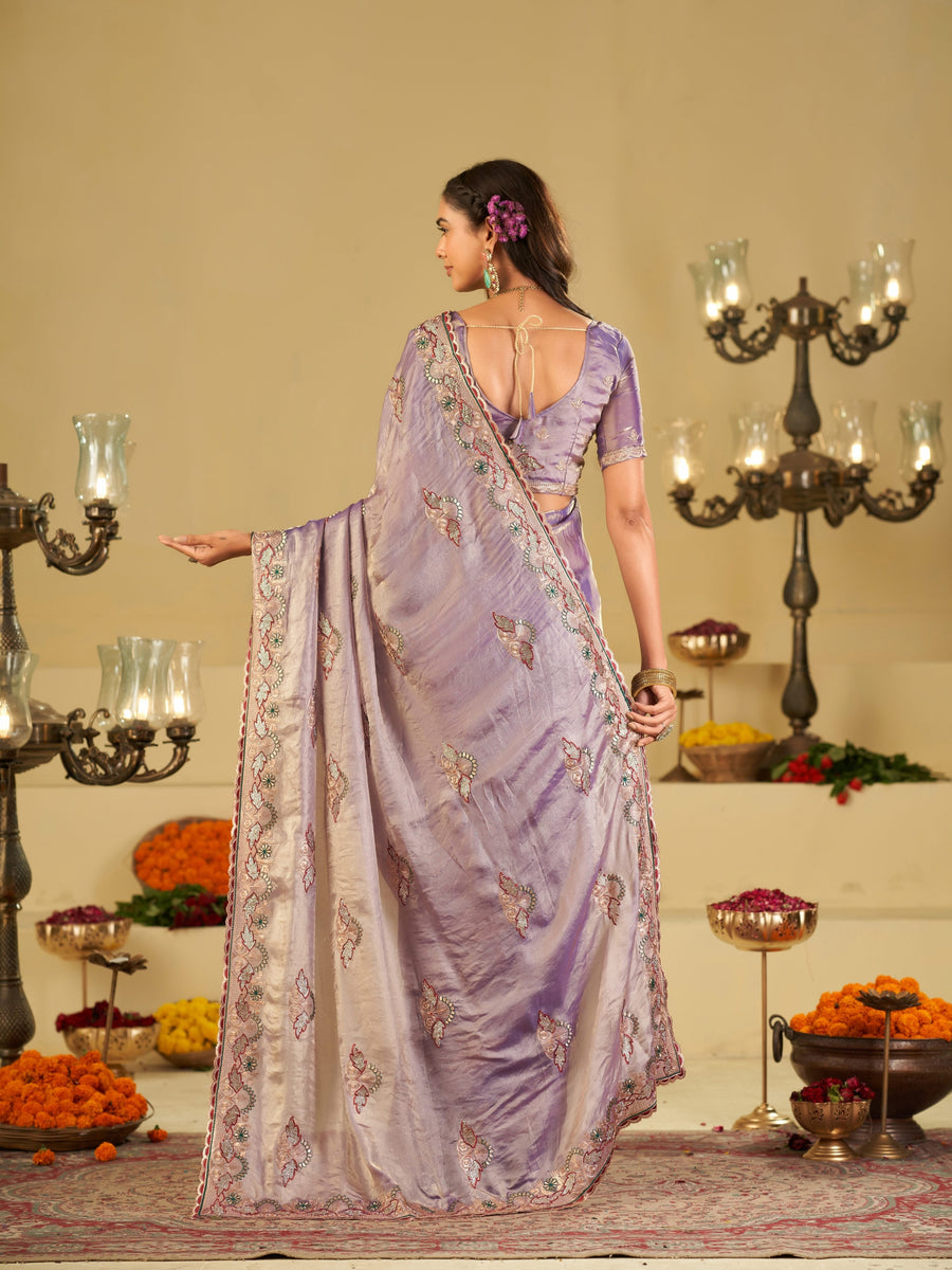 Lavender Premium Fendy Satin Saree with Floral Embroidered Border & Designer Thread Work | Festive Party Wear Saree