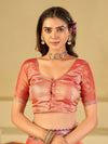 Coral Peach Designer Fendy Satin Saree with Floral Embroidered Border & Thread Work | Premium Festive Party Wear Saree