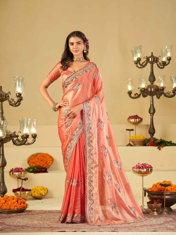 Coral Peach Designer Fendy Satin Saree with Floral Embroidered Border & Thread Work | Premium Festive Party Wear Saree