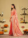 Coral Peach Designer Fendy Satin Saree with Floral Embroidered Border & Thread Work | Premium Festive Party Wear Saree