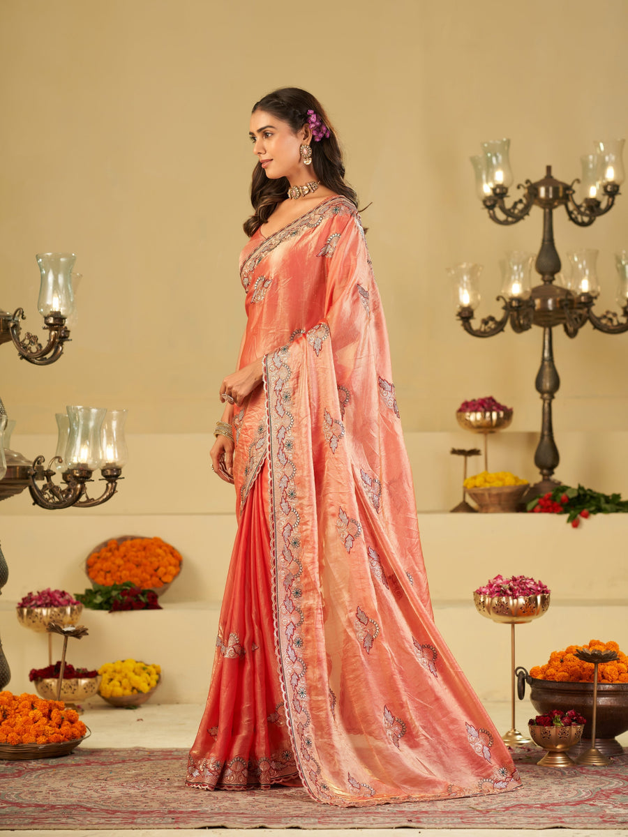 Coral Peach Designer Fendy Satin Saree with Floral Embroidered Border & Thread Work | Premium Festive Party Wear Saree