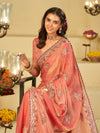 Coral Peach Designer Fendy Satin Saree with Floral Embroidered Border & Thread Work | Premium Festive Party Wear Saree