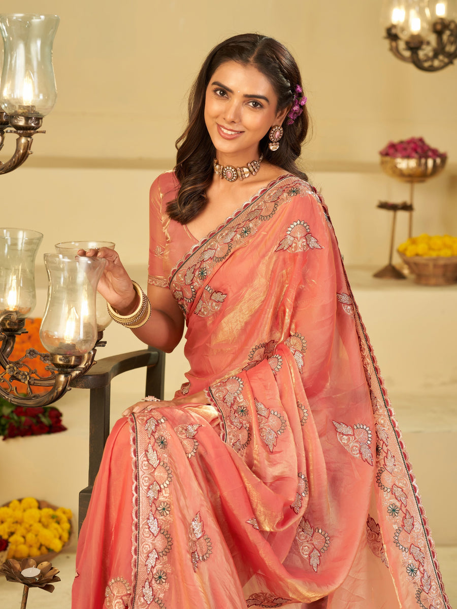 Coral Peach Designer Fendy Satin Saree with Floral Embroidered Border & Thread Work | Premium Festive Party Wear Saree