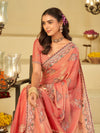 Coral Peach Designer Fendy Satin Saree with Floral Embroidered Border & Thread Work | Premium Festive Party Wear Saree