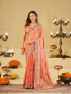 Peach Designer Fendy Satin Saree with Floral Embroidered Border & Thread Work | Premium Festive Party Wear Saree