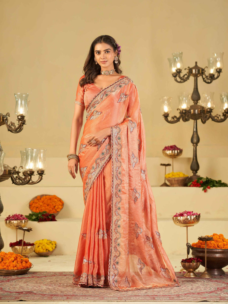 Peach Designer Fendy Satin Saree with Floral Embroidered Border & Thread Work | Premium Festive Party Wear Saree