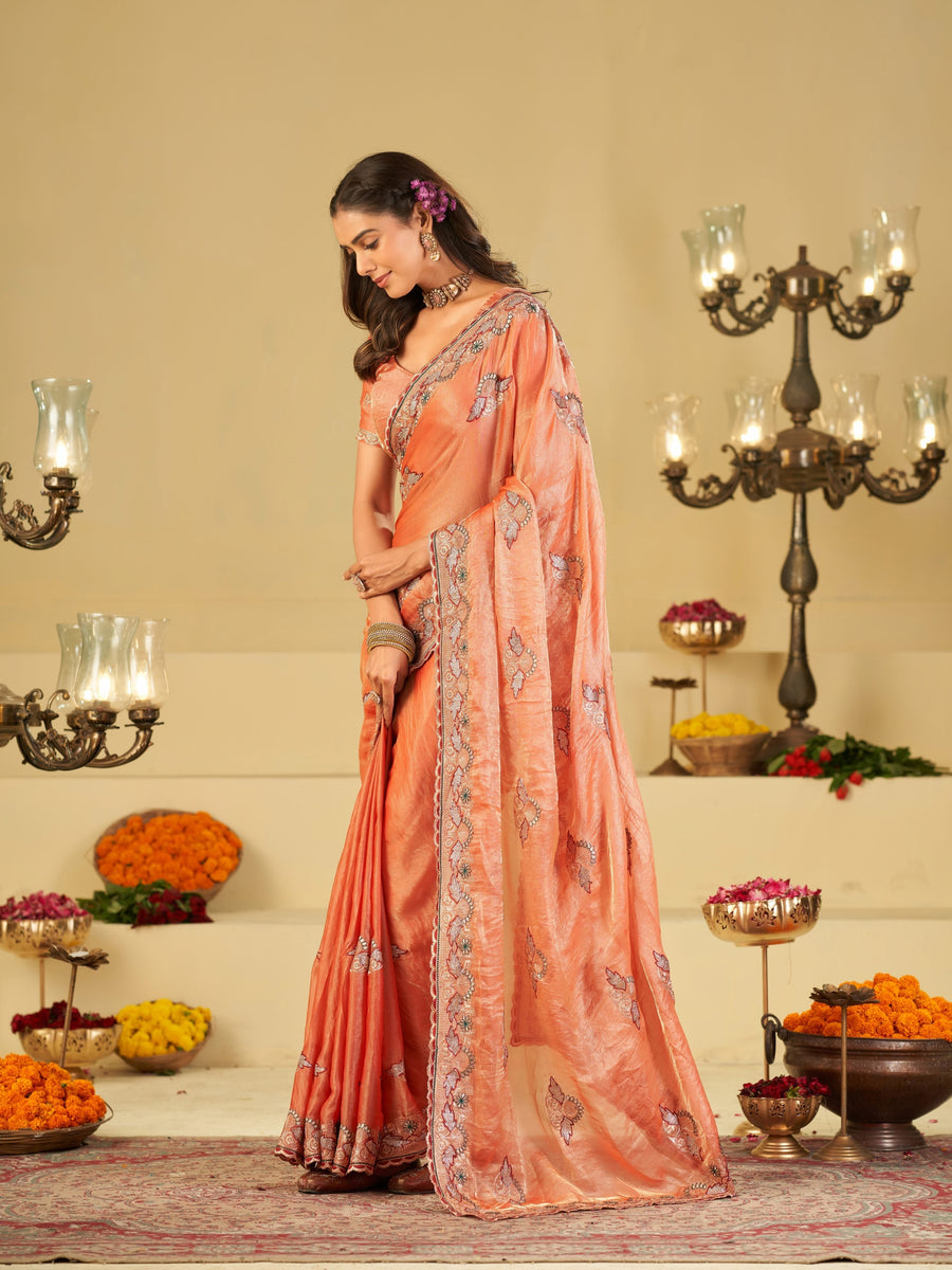 Peach Designer Fendy Satin Saree with Floral Embroidered Border & Thread Work | Premium Festive Party Wear Saree