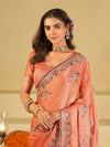 Peach Designer Fendy Satin Saree with Floral Embroidered Border & Thread Work | Premium Festive Party Wear Saree