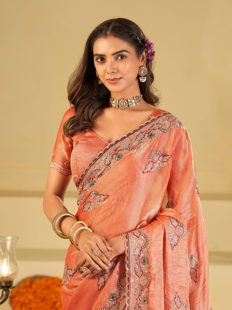 Peach Designer Fendy Satin Saree with Floral Embroidered Border & Thread Work | Premium Festive Party Wear Saree