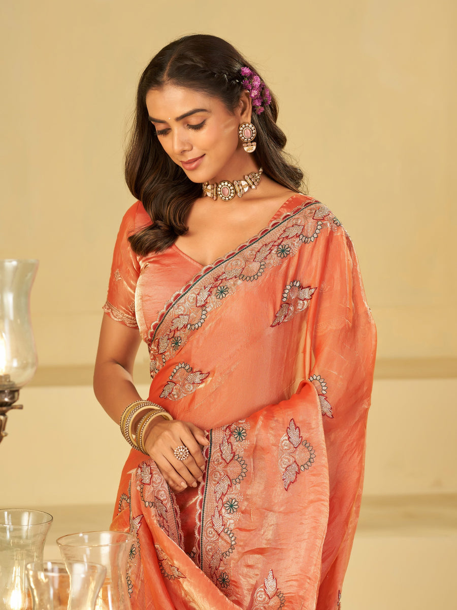 Peach Designer Fendy Satin Saree with Floral Embroidered Border & Thread Work | Premium Festive Party Wear Saree