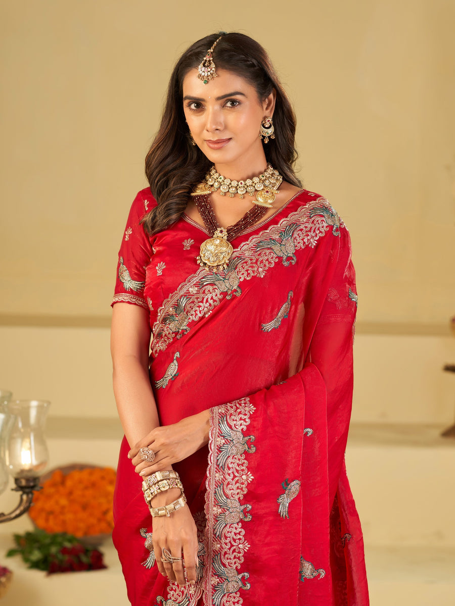 Rani Pink Designer Fendy Satin Saree with Peacock Embroidery & Heavy Embroidered Border | Premium Festive Wedding Wear Saree