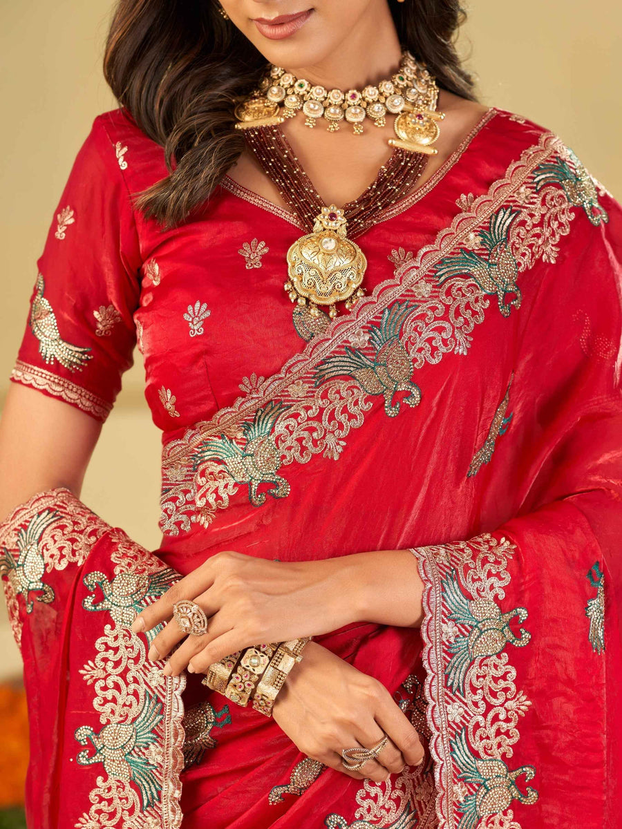 Rani Pink Designer Fendy Satin Saree with Peacock Embroidery & Heavy Embroidered Border | Premium Festive Wedding Wear Saree