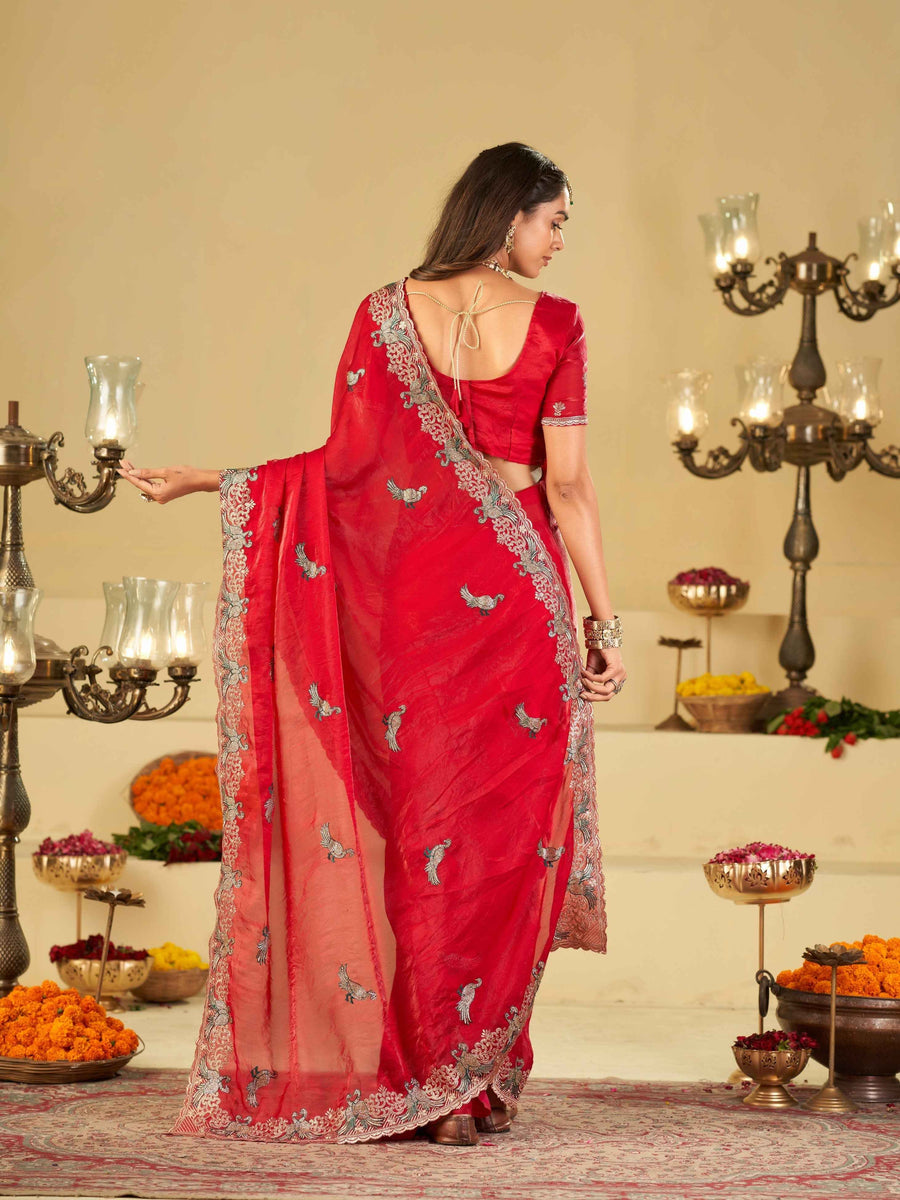 Rani Pink Designer Fendy Satin Saree with Peacock Embroidery & Heavy Embroidered Border | Premium Festive Wedding Wear Saree