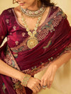 Maroon Designer Fendy Satin Saree with Peacock Embroidery & Heavy Embroidered Border | Premium Festive Wedding Wear Saree