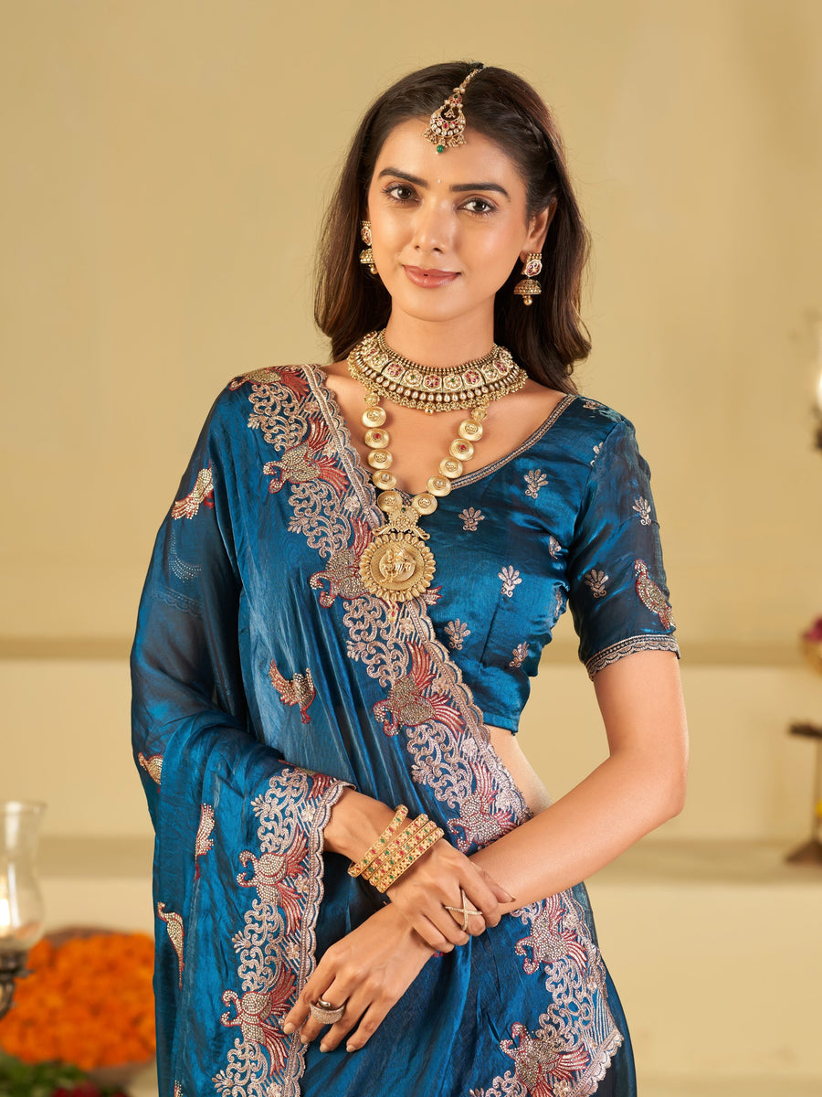 Royal Blue Designer Fendy Satin Saree with Peacock Embroidery & Heavy Embroidered Border | Premium Festive Wedding Wear Saree