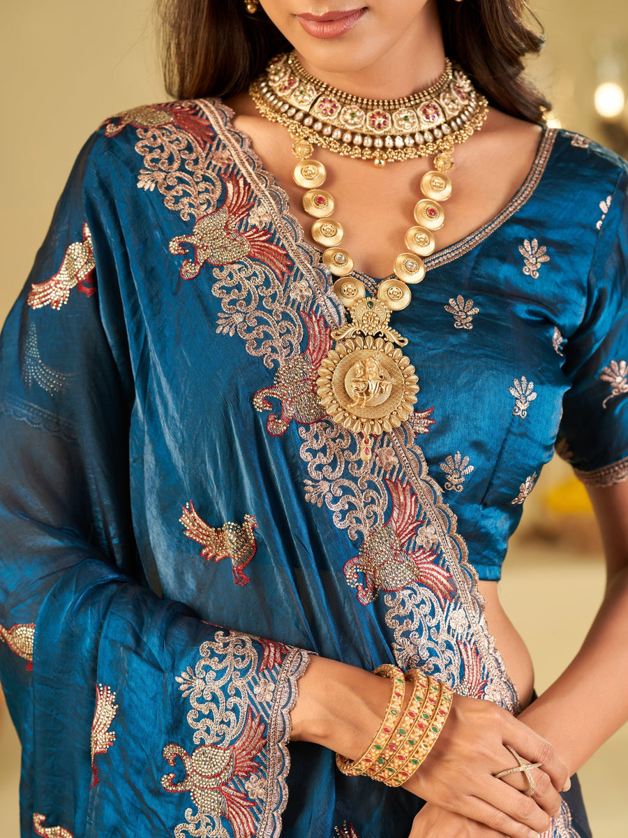 Royal Blue Designer Fendy Satin Saree with Peacock Embroidery & Heavy Embroidered Border | Premium Festive Wedding Wear Saree