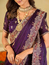 Royal Purple Designer Fendy Satin Saree with Peacock Embroidery & Heavy Embroidered Border | Premium Wedding Party Wear Saree