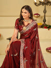 Wine Red Designer Fendy Satin Saree with Peacock Embroidery & Heavy Floral Embroidered Border | Premium Wedding Festive Wear Saree