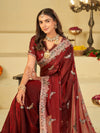 Wine Red Designer Fendy Satin Saree with Peacock Embroidery & Heavy Floral Embroidered Border | Premium Wedding Festive Wear Saree