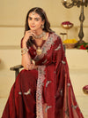 Wine Red Designer Fendy Satin Saree with Peacock Embroidery & Heavy Floral Embroidered Border | Premium Wedding Festive Wear Saree