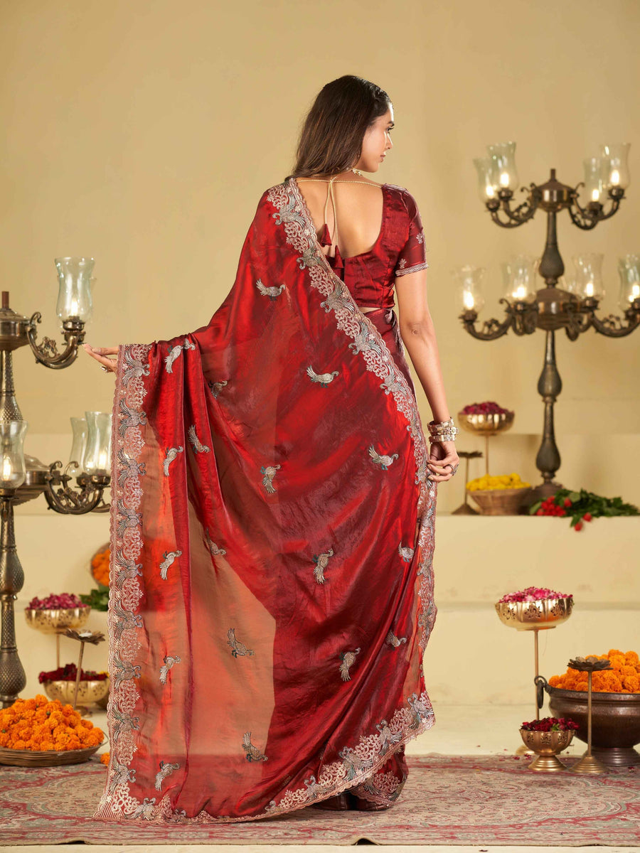 Wine Red Designer Fendy Satin Saree with Peacock Embroidery & Heavy Floral Embroidered Border | Premium Wedding Festive Wear Saree