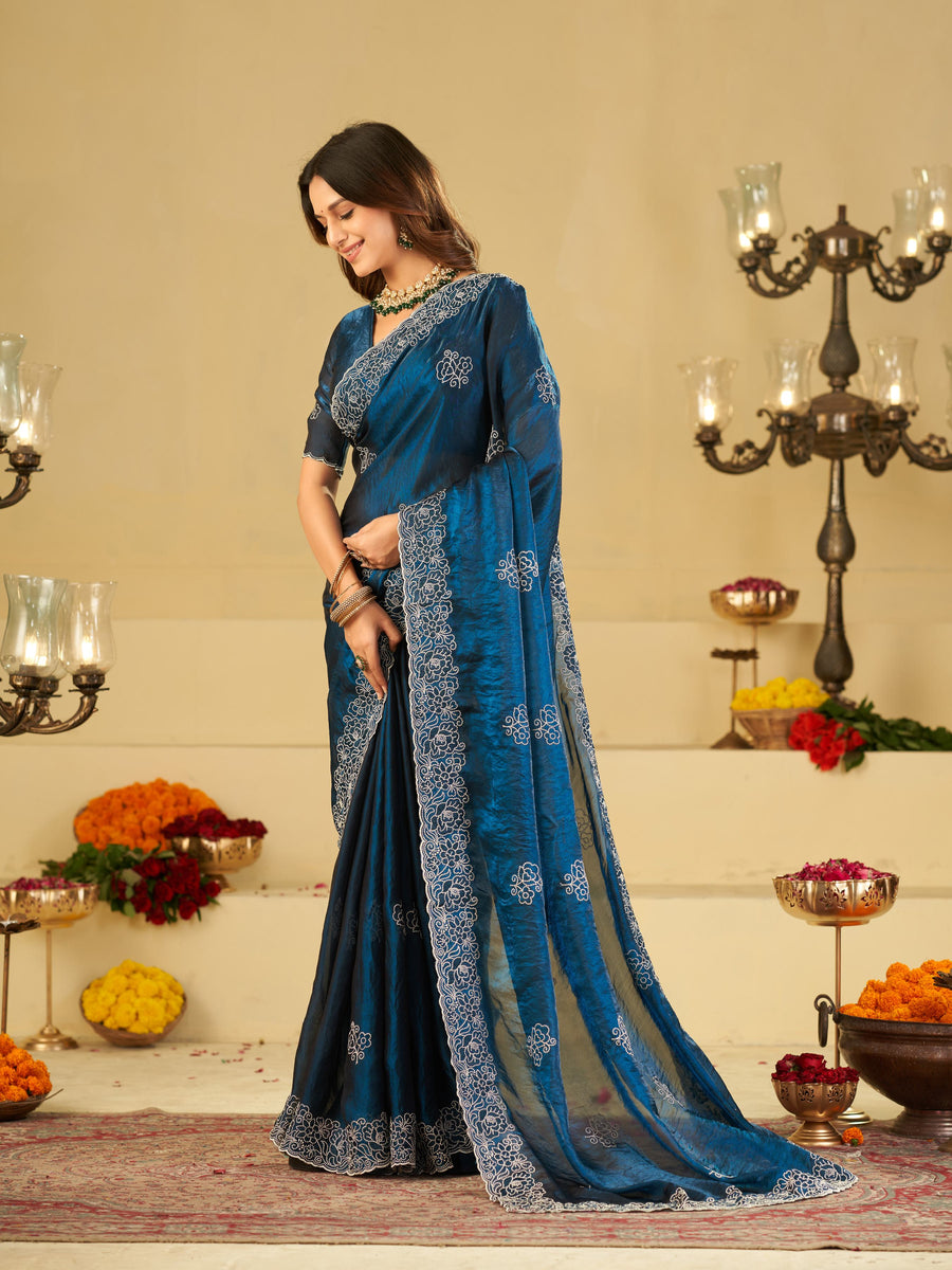 Royal Blue Fendy Satin Saree with White Floral Embroidery Border | Designer Party Wear Saree with Embroidered Blouse