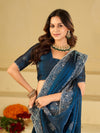 Royal Blue Fendy Satin Saree with White Floral Embroidery Border | Designer Party Wear Saree with Embroidered Blouse