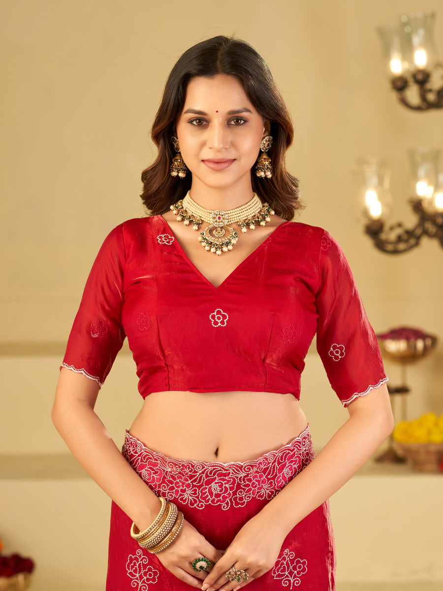 Bright Red Fendy Satin Saree with White Floral Embroidery Border | Designer Festive Party Wear Saree with Blouse