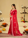 Bright Red Fendy Satin Saree with White Floral Embroidery Border | Designer Festive Party Wear Saree with Blouse