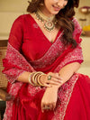 Bright Red Fendy Satin Saree with White Floral Embroidery Border | Designer Festive Party Wear Saree with Blouse