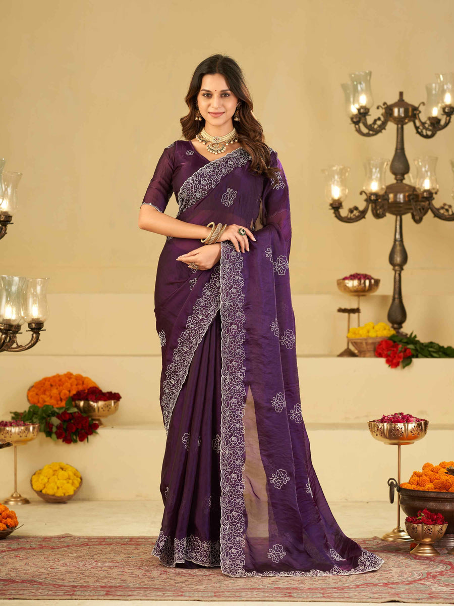 Royal Purple Fendy Satin Saree with White Floral Embroidery Border | Designer Party Wear Saree with Blouse