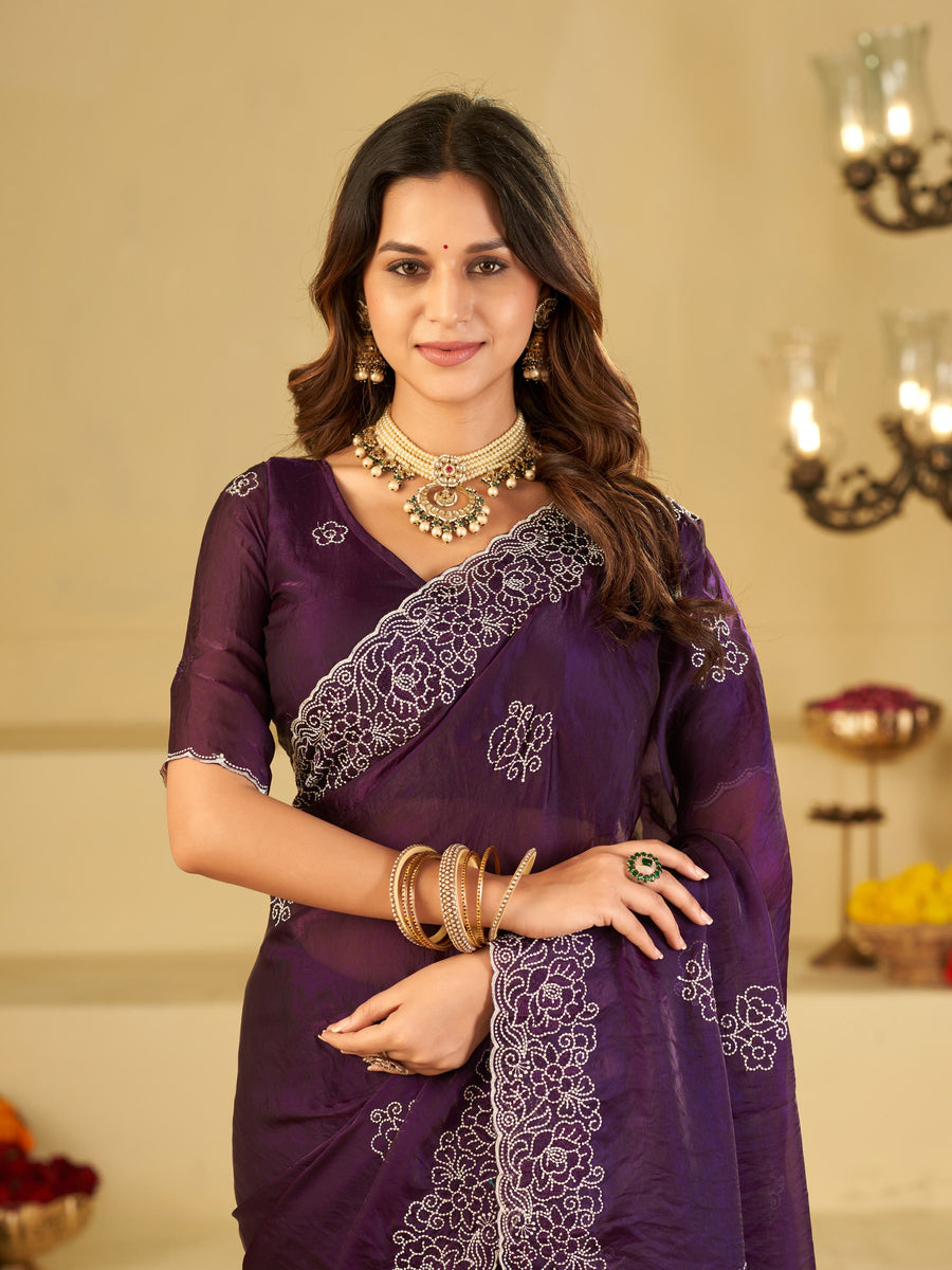 Royal Purple Fendy Satin Saree with White Floral Embroidery Border | Designer Party Wear Saree with Blouse