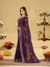 Royal Purple Fendy Satin Saree with White Floral Embroidery Border | Designer Party Wear Saree with Blouse