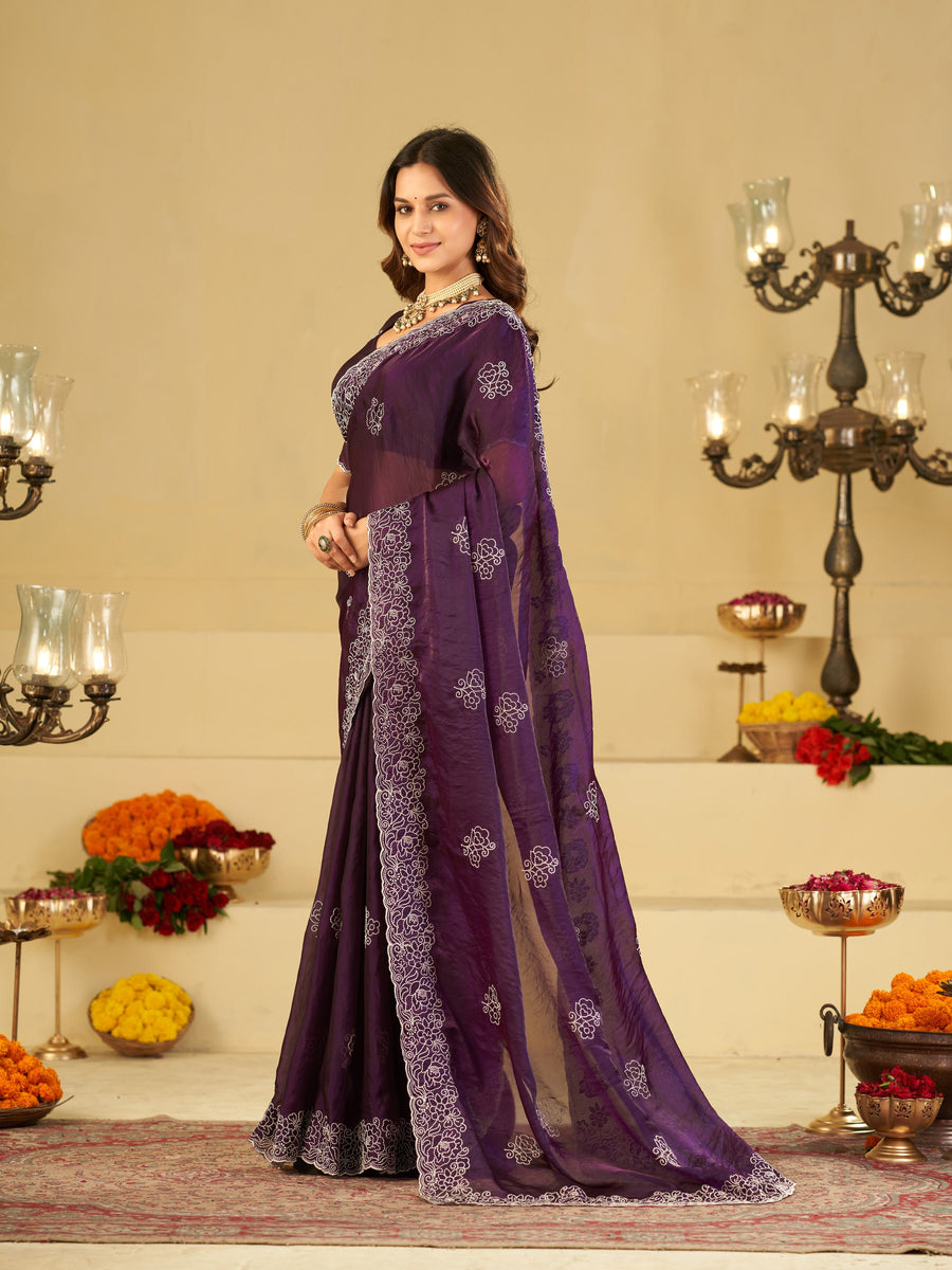 Royal Purple Fendy Satin Saree with White Floral Embroidery Border | Designer Party Wear Saree with Blouse