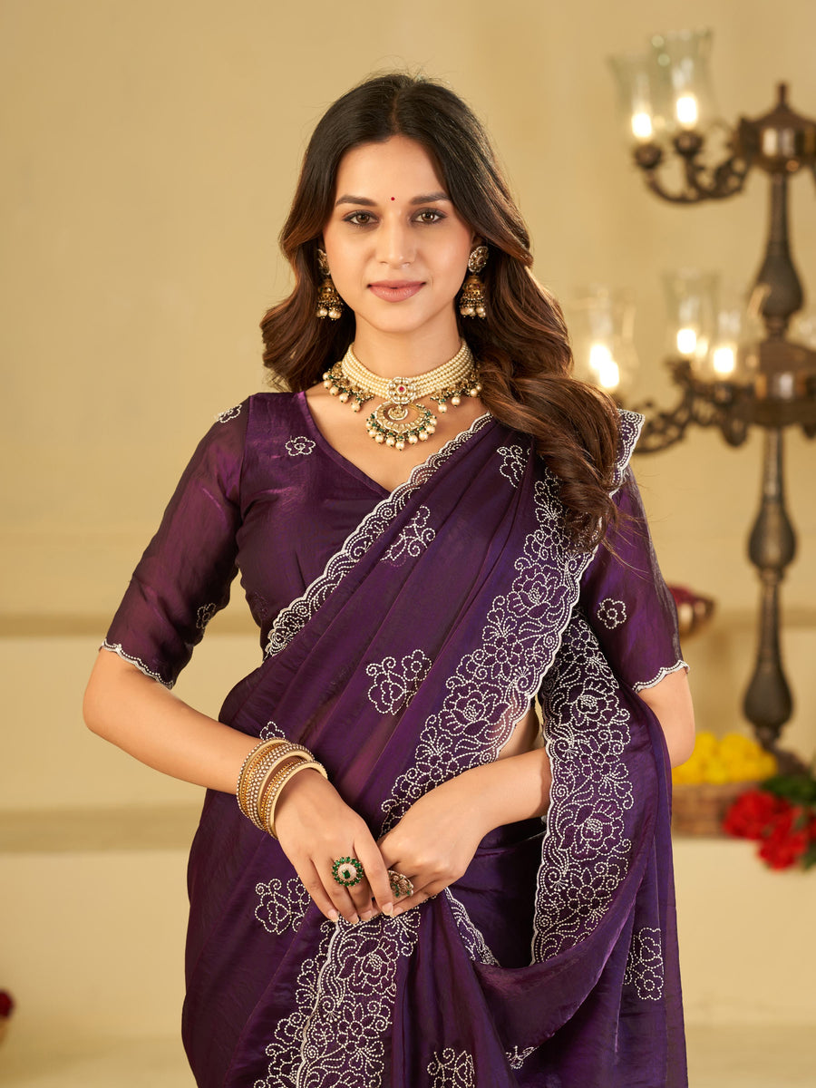 Royal Purple Fendy Satin Saree with White Floral Embroidery Border | Designer Party Wear Saree with Blouse