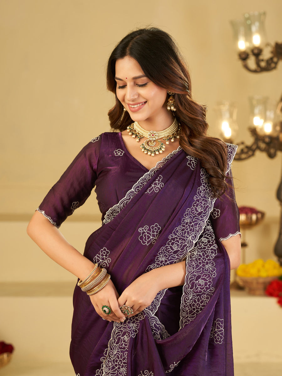 Royal Purple Fendy Satin Saree with White Floral Embroidery Border | Designer Party Wear Saree with Blouse