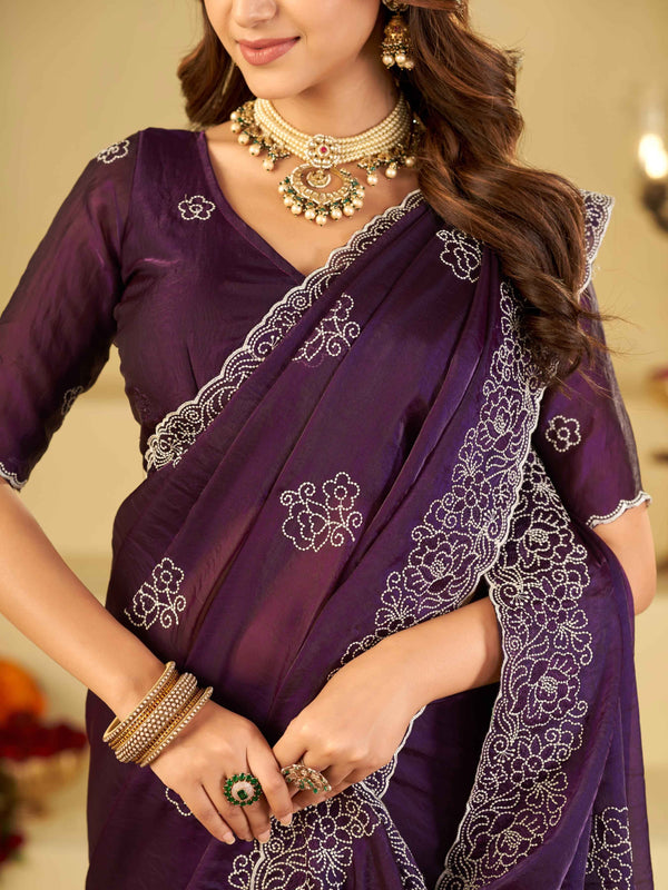 Royal Purple Fendy Satin Saree with White Floral Embroidery Border | Designer Party Wear Saree with Blouse