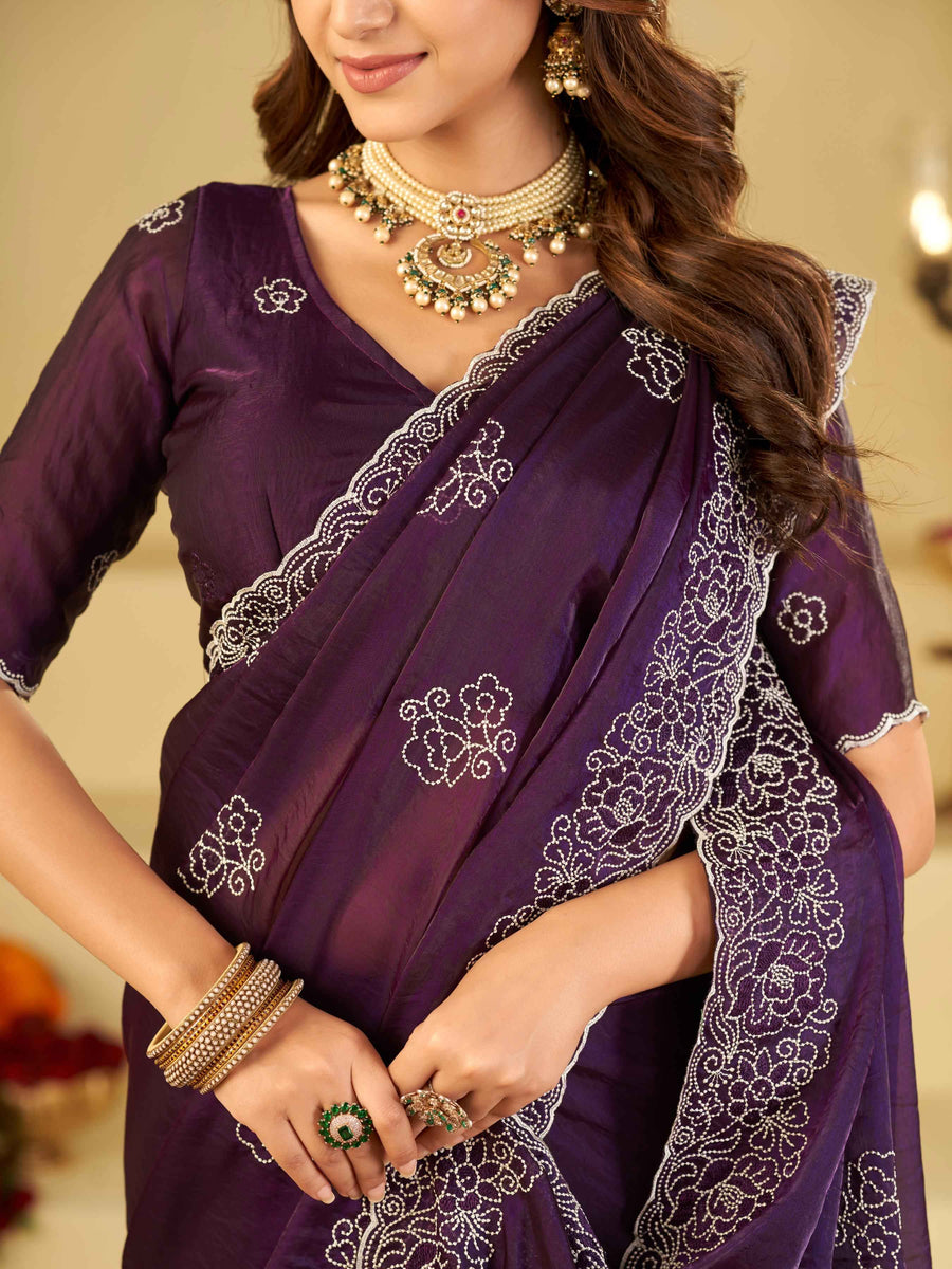 Royal Purple Fendy Satin Saree with White Floral Embroidery Border | Designer Party Wear Saree with Blouse