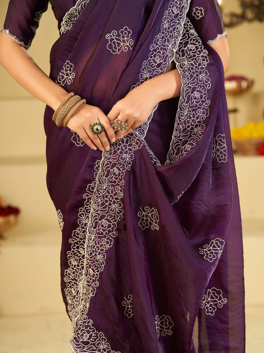 Royal Purple Fendy Satin Saree with White Floral Embroidery Border | Designer Party Wear Saree with Blouse