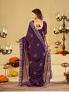 Royal Purple Fendy Satin Saree with White Floral Embroidery Border | Designer Party Wear Saree with Blouse