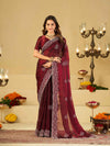 Wine Red Fendy Satin Saree with White Floral Embroidery Border | Designer Festive Wear Saree with Embroidered Blouse