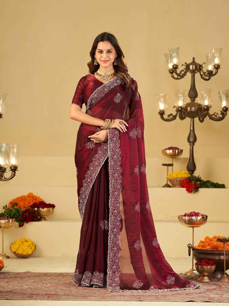 Wine Red Fendy Satin Saree with White Floral Embroidery Border | Designer Festive Wear Saree with Embroidered Blouse