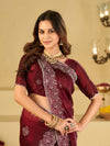 Wine Red Fendy Satin Saree with White Floral Embroidery Border | Designer Festive Wear Saree with Embroidered Blouse