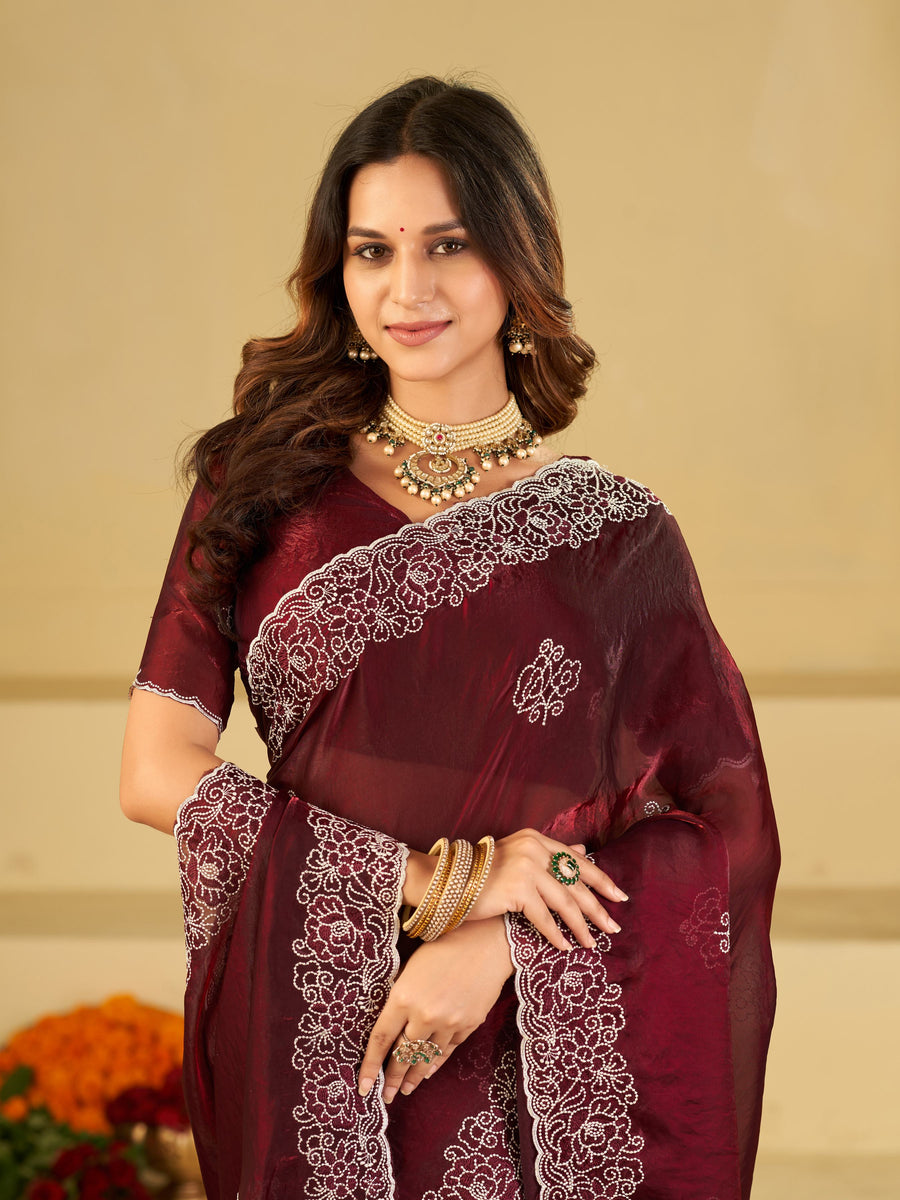 Wine Red Fendy Satin Saree with White Floral Embroidery Border | Designer Festive Wear Saree with Embroidered Blouse