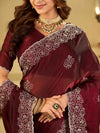 Wine Red Fendy Satin Saree with White Floral Embroidery Border | Designer Festive Wear Saree with Embroidered Blouse
