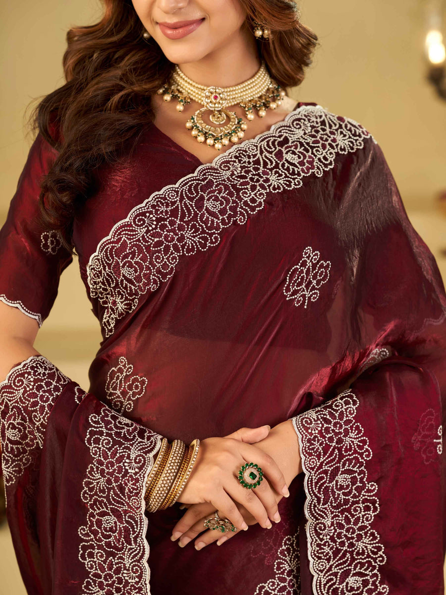Wine Red Fendy Satin Saree with White Floral Embroidery Border | Designer Festive Wear Saree with Embroidered Blouse