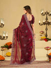 Wine Red Fendy Satin Saree with White Floral Embroidery Border | Designer Festive Wear Saree with Embroidered Blouse